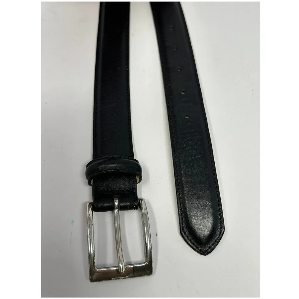 LL Bean Mens Black Genuine Leather Dress Belt Silver Buckle Size 42 Turkey
